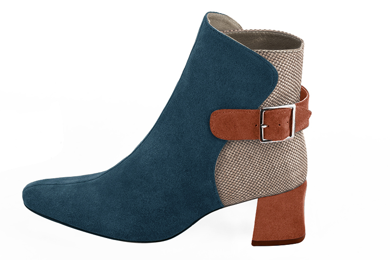 Peacock blue, natural beige and terracotta orange women's ankle boots with buckles at the back. Square toe. Medium block heels. Profile view - Florence KOOIJMAN